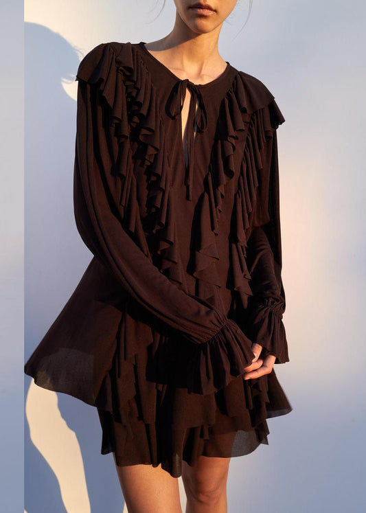 Women Chocolate Ruffled Lace Up Cotton Mini Dress Butterfly Sleeve