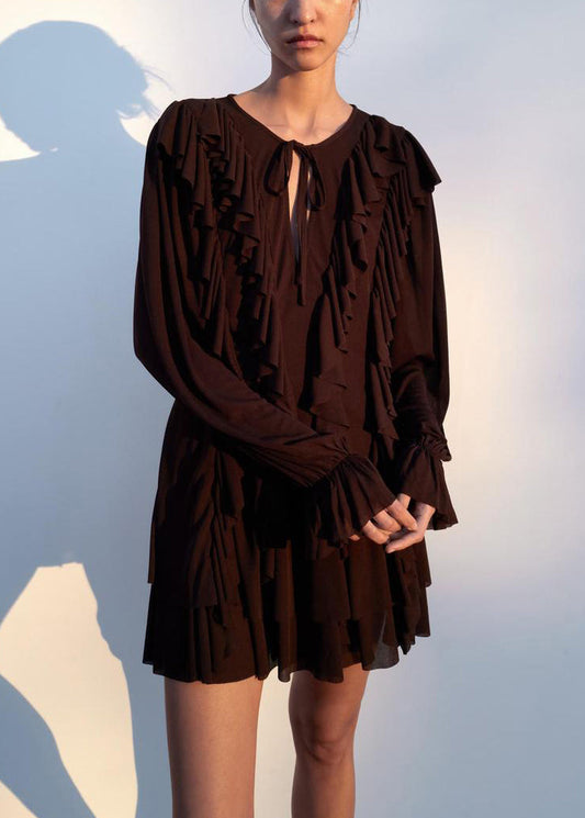 Women Chocolate Ruffled Lace Up Cotton Mini Dress Butterfly Sleeve