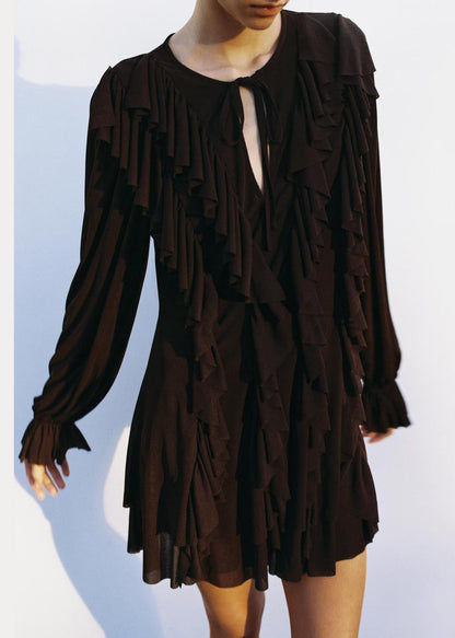 Women Chocolate Ruffled Lace Up Cotton Mini Dress Butterfly Sleeve