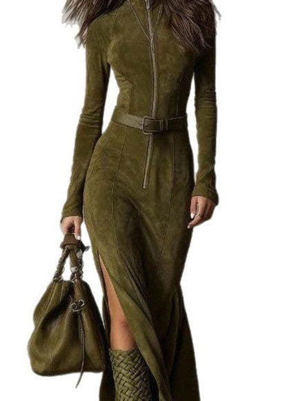 Women Chocolate Zip Up Patchwork Faux Suede Dress Fall