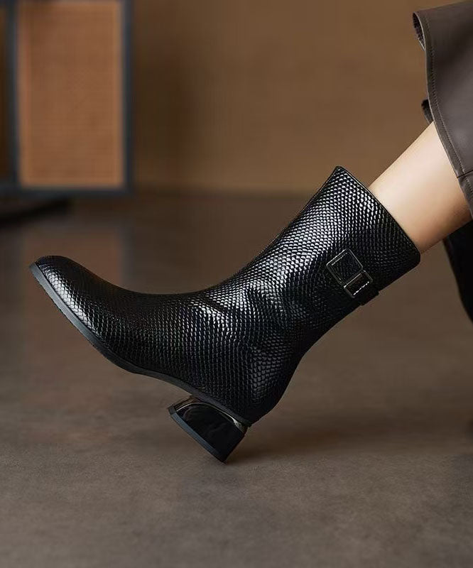 Women Chunky Boots Black Warm Fleece Faux Leather