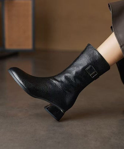 Women Chunky Boots Black Warm Fleece Faux Leather