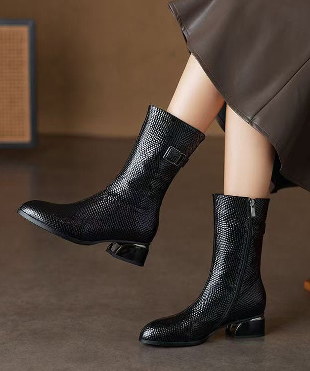 Women Chunky Boots Black Warm Fleece Faux Leather