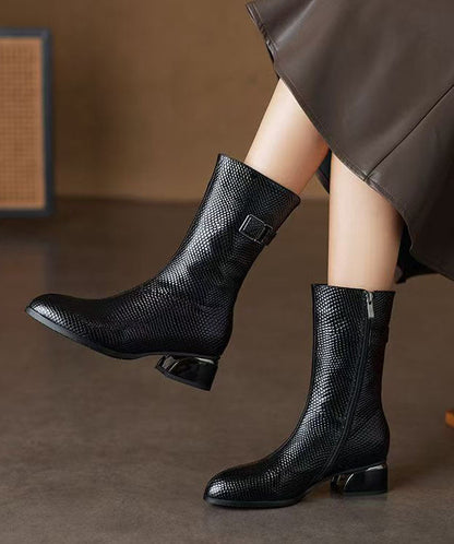 Women Chunky Boots Black Warm Fleece Faux Leather