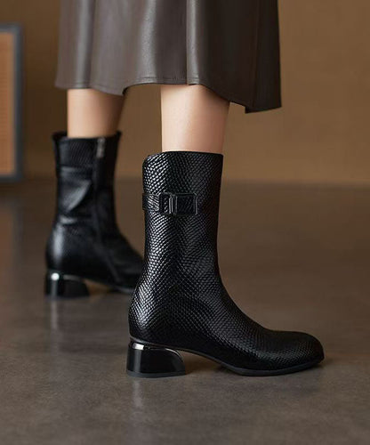 Women Chunky Boots Black Warm Fleece Faux Leather