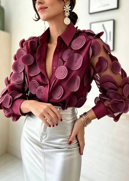 Women Claret Mesh Patchwork Stereoscopic Floral Blouse Tops Long Sleeve
