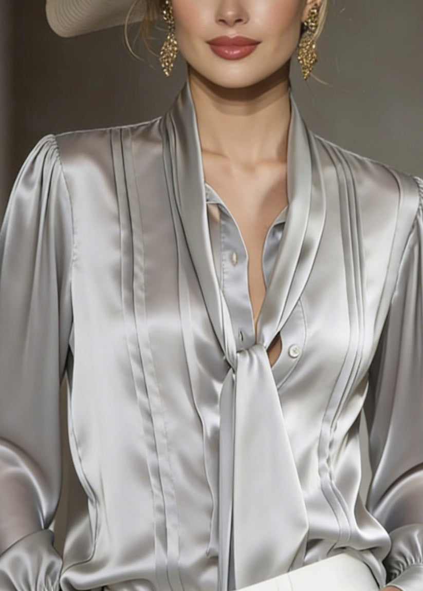 Women Classy Grey Lace Up Wrinkled Silk Blouses Spring