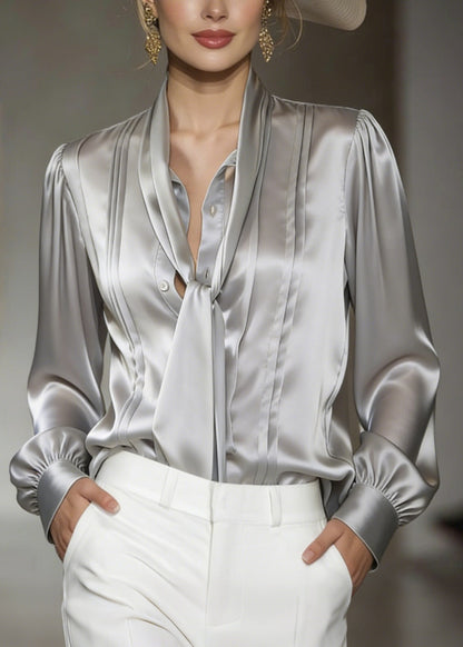 Women Classy Grey Lace Up Wrinkled Silk Blouses Spring