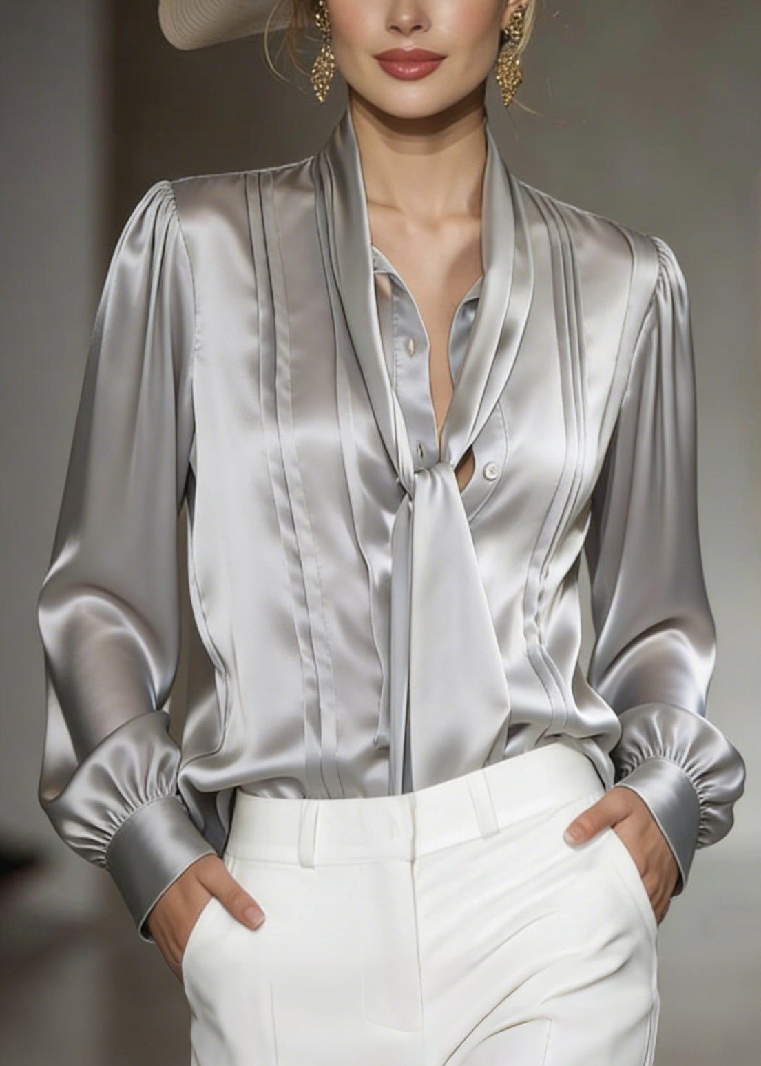 Women Classy Grey Lace Up Wrinkled Silk Blouses Spring