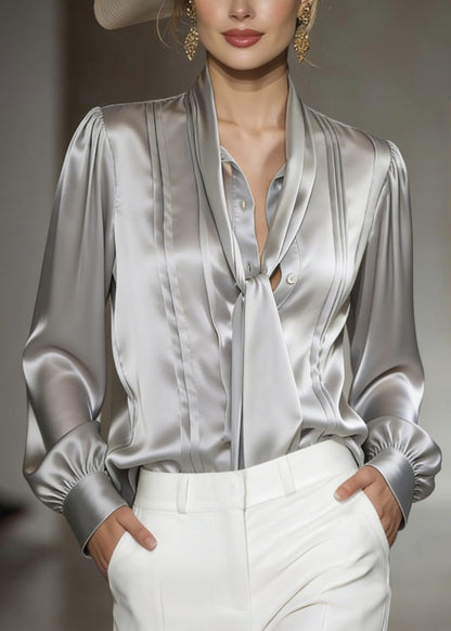 Women Classy Grey Lace Up Wrinkled Silk Blouses Spring