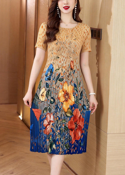 Women Classy O Neck Print Wrinkled Elasticity Dress Summer