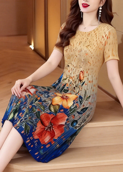 Women Classy O Neck Print Wrinkled Elasticity Dress Summer