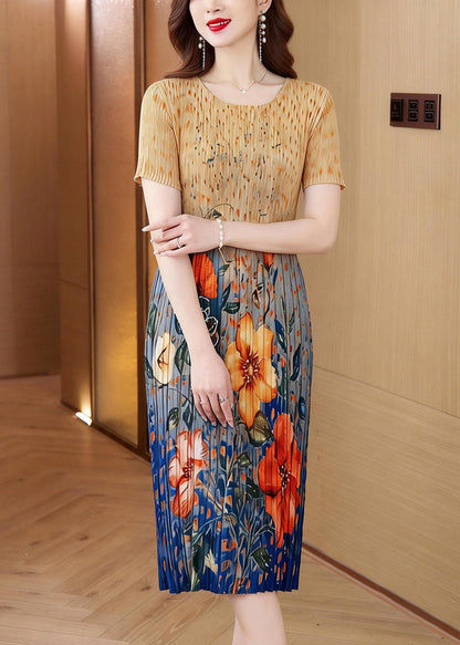 Women Classy O Neck Print Wrinkled Elasticity Dress Summer