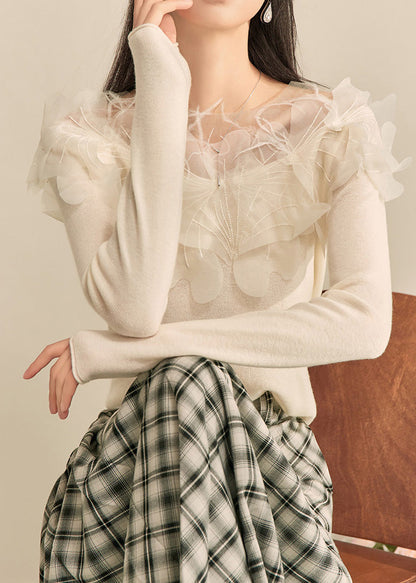 Women Classy White Floral Patchwork Knit Top Spring