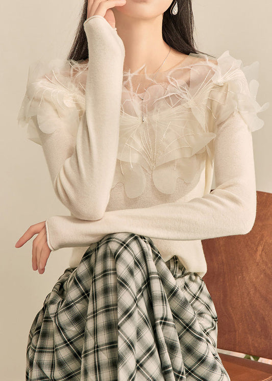 Women Classy White Floral Patchwork Knit Top Spring