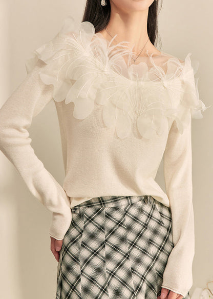 Women Classy White Floral Patchwork Knit Top Spring