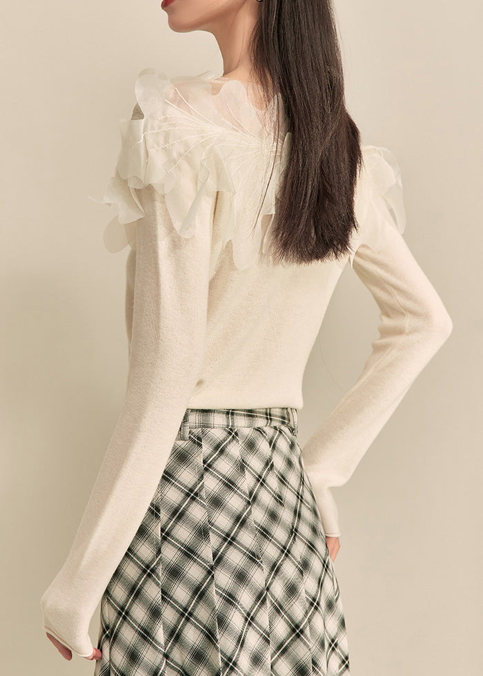 Women Classy White Floral Patchwork Knit Top Spring