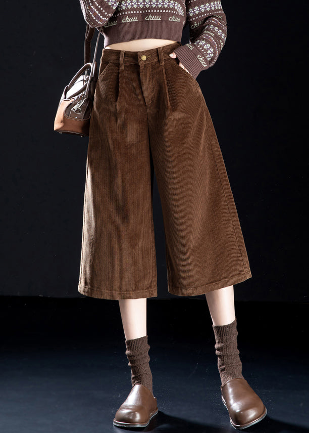 Women Coffee Button Pockets High Waist Corduroy Wide Leg Pants Spring