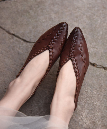 Women Coffee Cowhide Leather Splicing Flat Feet Shoes Pointed Toe