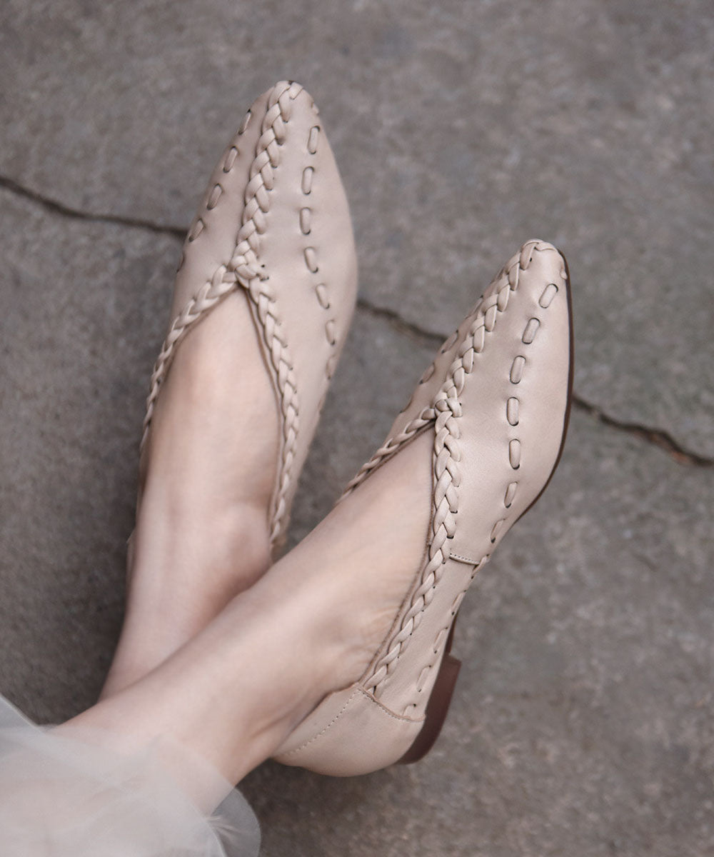 Women Coffee Cowhide Leather Splicing Flat Feet Shoes Pointed Toe