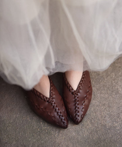 Women Coffee Cowhide Leather Splicing Flat Feet Shoes Pointed Toe