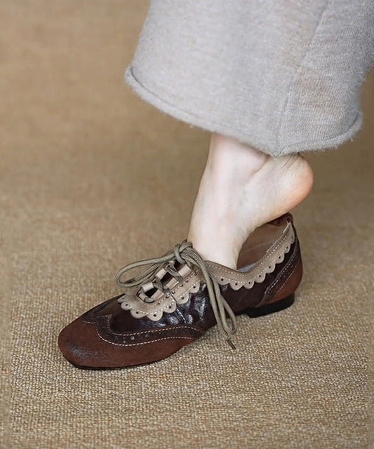Women Coffee Cowhide Leather Splicing Suede Flat Shoes Lace Up