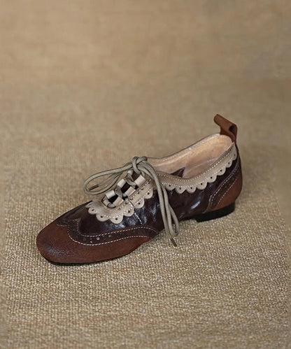 Women Coffee Cowhide Leather Splicing Suede Flat Shoes Lace Up