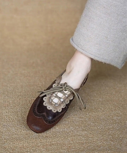 Women Coffee Cowhide Leather Splicing Suede Flat Shoes Lace Up