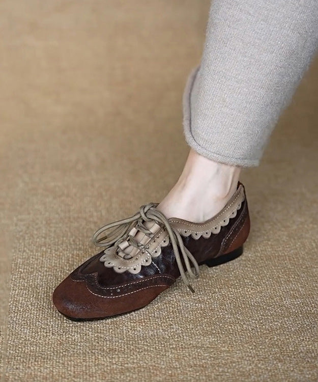 Women Coffee Cowhide Leather Splicing Suede Flat Shoes Lace Up