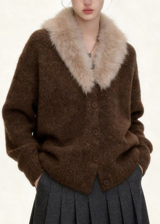 Women Coffee Fur Collar Button Patchwork Knit Coats Spring