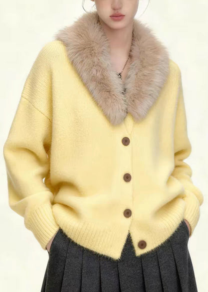 Women Coffee Fur Collar Button Patchwork Knit Coats Spring