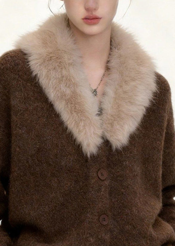 Women Coffee Fur Collar Button Patchwork Knit Coats Spring