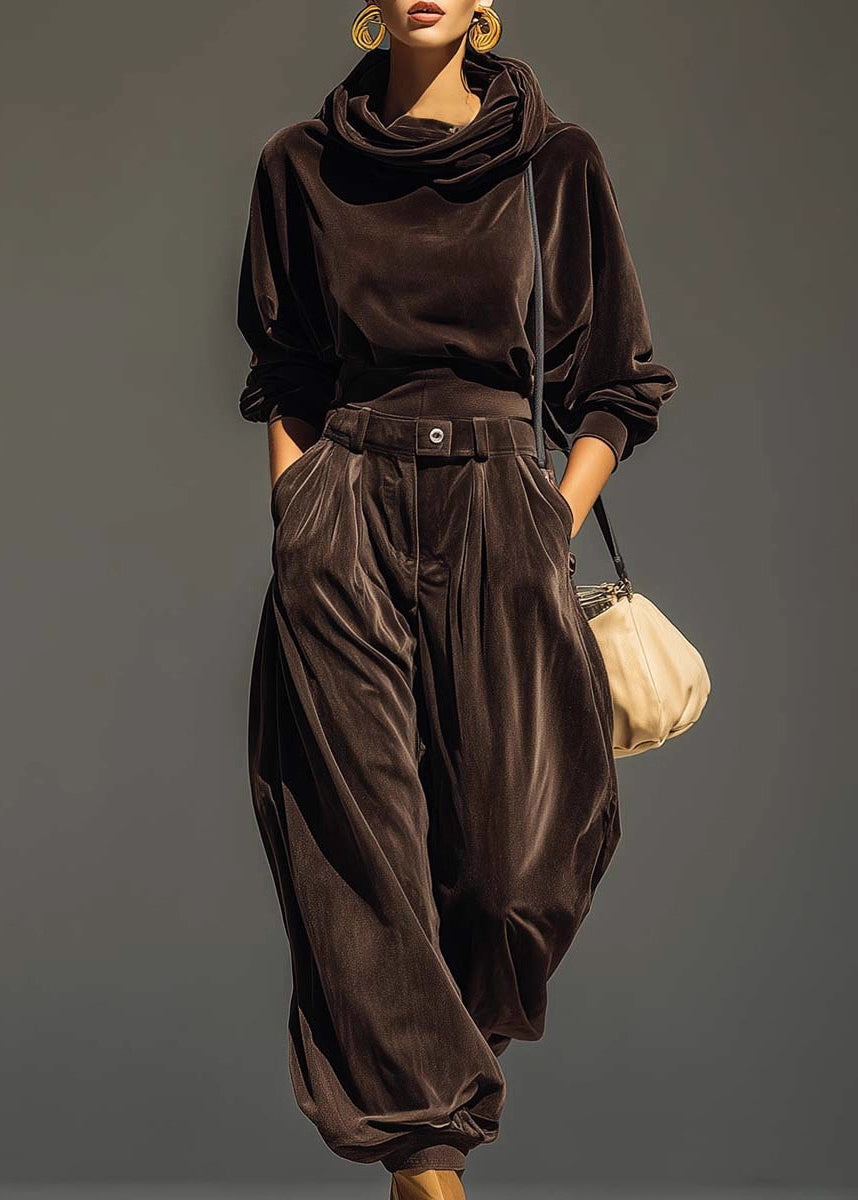 Women Coffee Hooded Pockets Sweatshirt And Pants Silk Velvet Two Pieces Set Spring