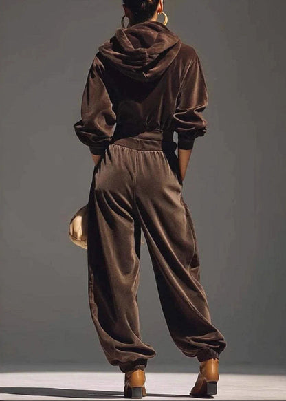 Women Coffee Hooded Pockets Sweatshirt And Pants Silk Velvet Two Pieces Set Spring