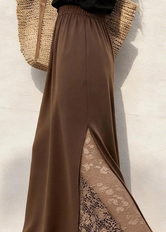 Women Coffee Lace Patchwork Elastic Waist Cotton Skirts Winter