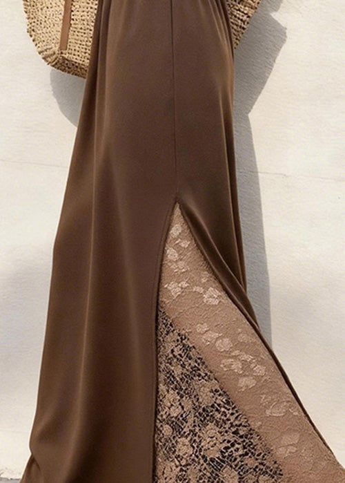 Women Coffee Lace Patchwork Elastic Waist Cotton Skirts Winter