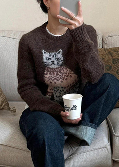 Women Coffee O Neck Cats Jacquard Knit Sweater Winter