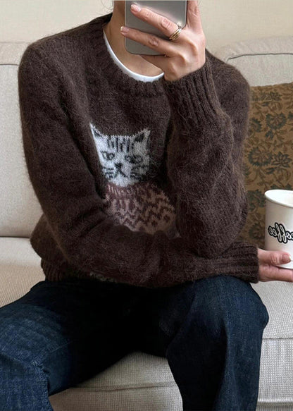 Women Coffee O Neck Cats Jacquard Knit Sweater Winter