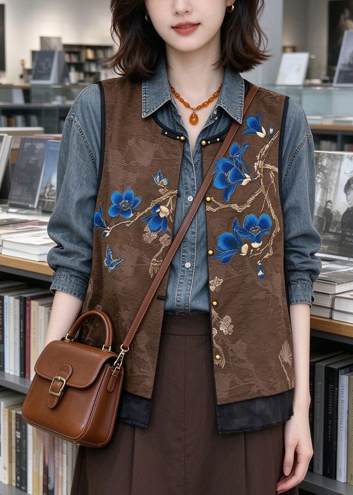 Women Coffee O-Neck Embroidered Silk Waistcoat Sleeveless