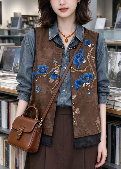 Women Coffee O-Neck Embroidered Silk Waistcoat Sleeveless