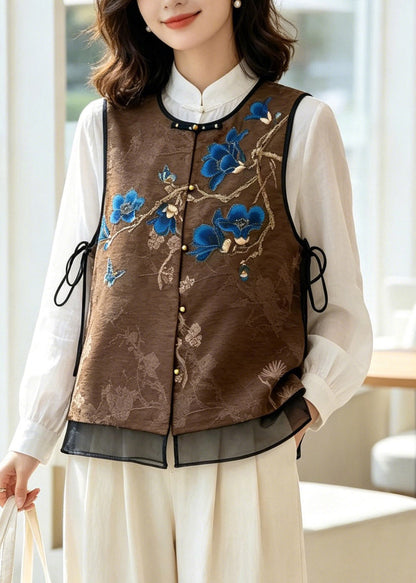 Women Coffee O-Neck Embroidered Silk Waistcoat Sleeveless