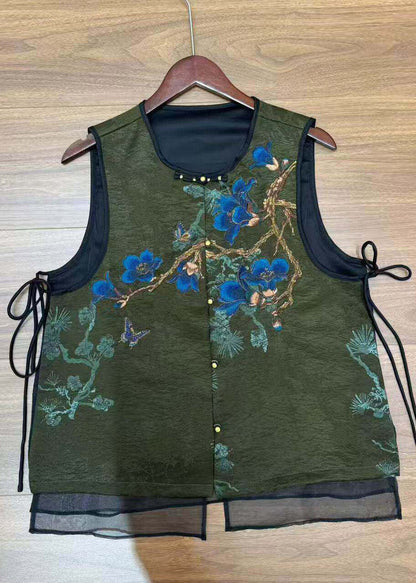 Women Coffee O-Neck Embroidered Silk Waistcoat Sleeveless