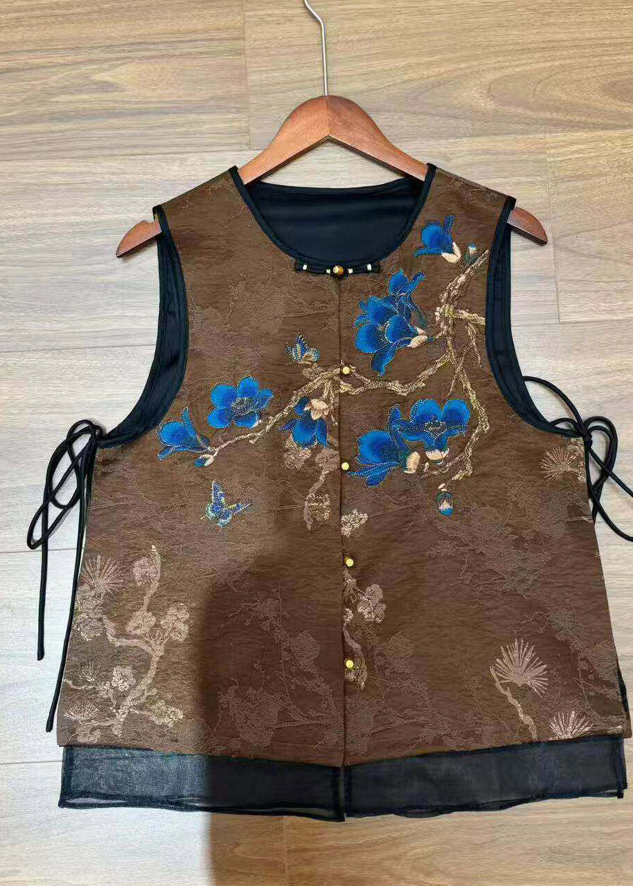 Women Coffee O-Neck Embroidered Silk Waistcoat Sleeveless