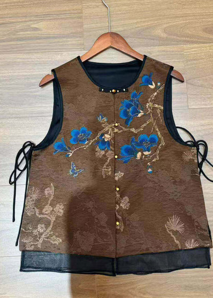 Women Coffee O-Neck Embroidered Silk Waistcoat Sleeveless