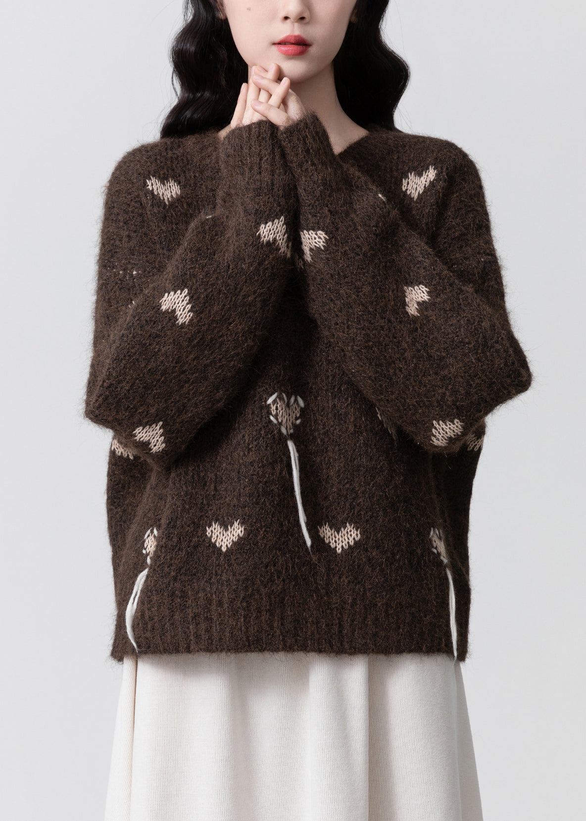 Women Coffee O Neck Jacquard Thick Knit Sweaters Winter