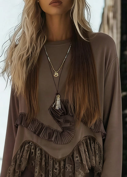 Women Coffee O-Neck Lace Patchwork Tops Flare Sleeve