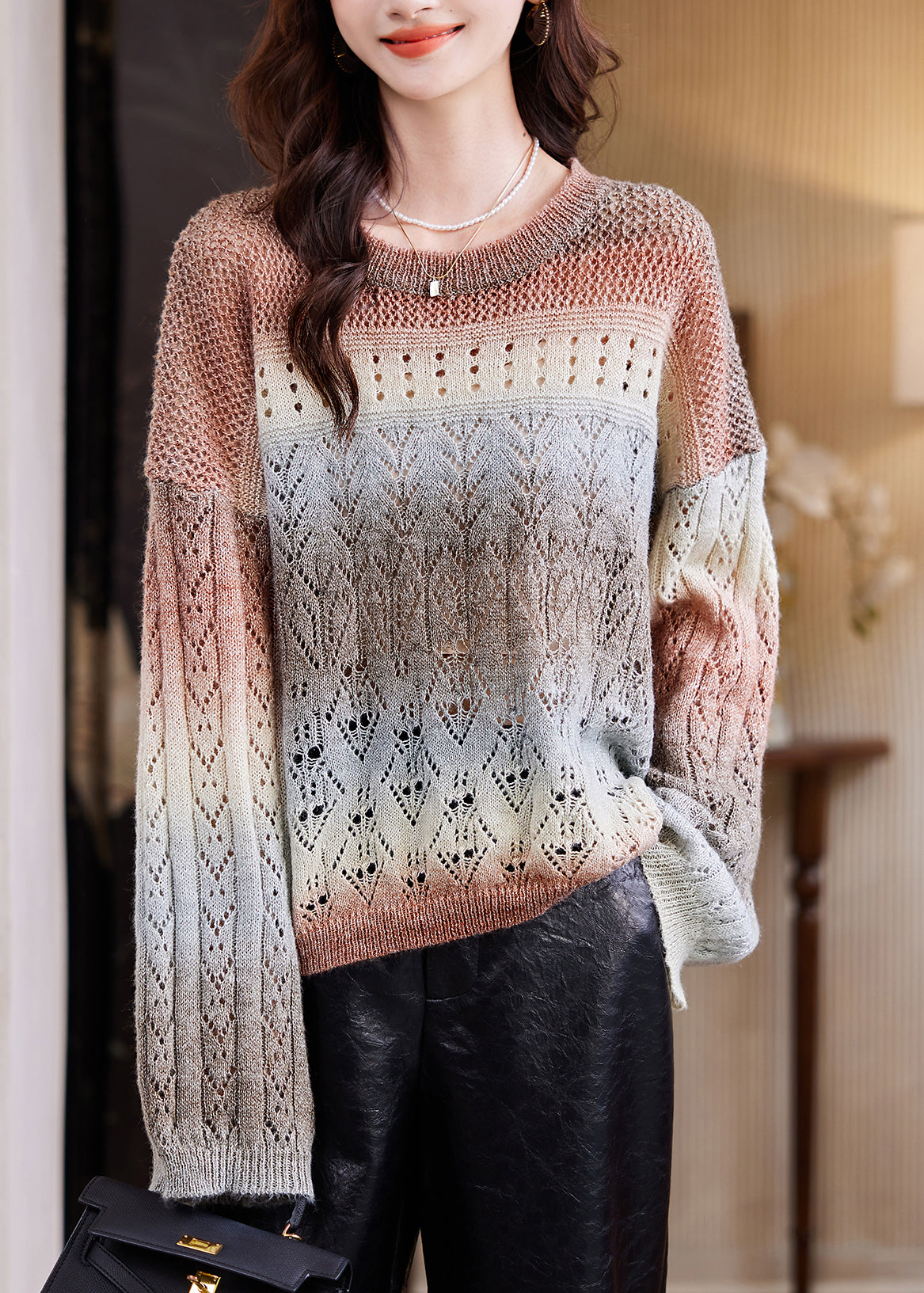 Women Coffee O-Neck Print Cotton Knit Sweater Spring