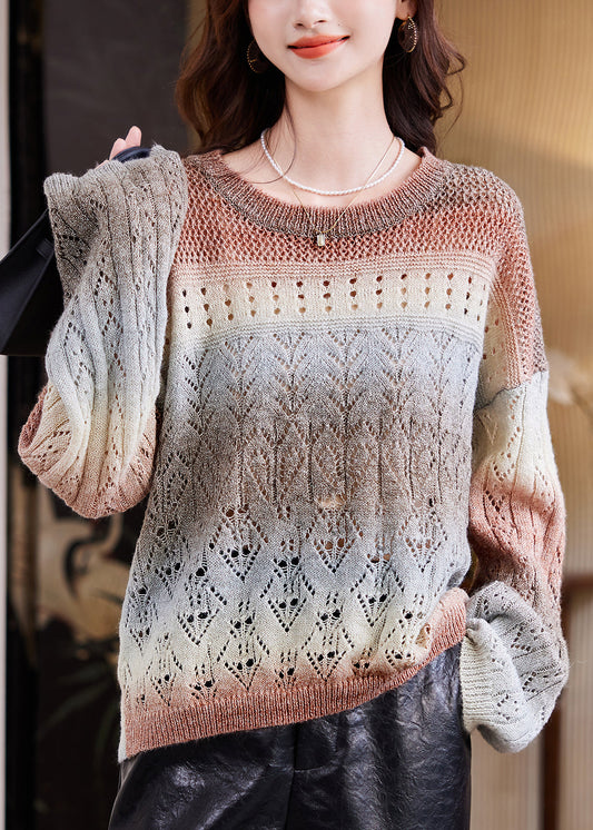 Women Coffee O-Neck Print Cotton Knit Sweater Spring