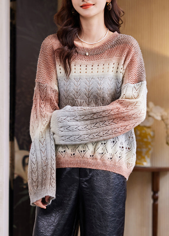 Women Coffee O-Neck Print Cotton Knit Sweater Spring