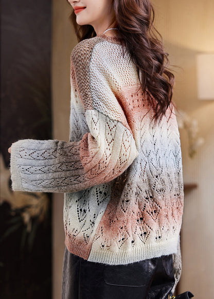 Women Coffee O-Neck Print Cotton Knit Sweater Spring